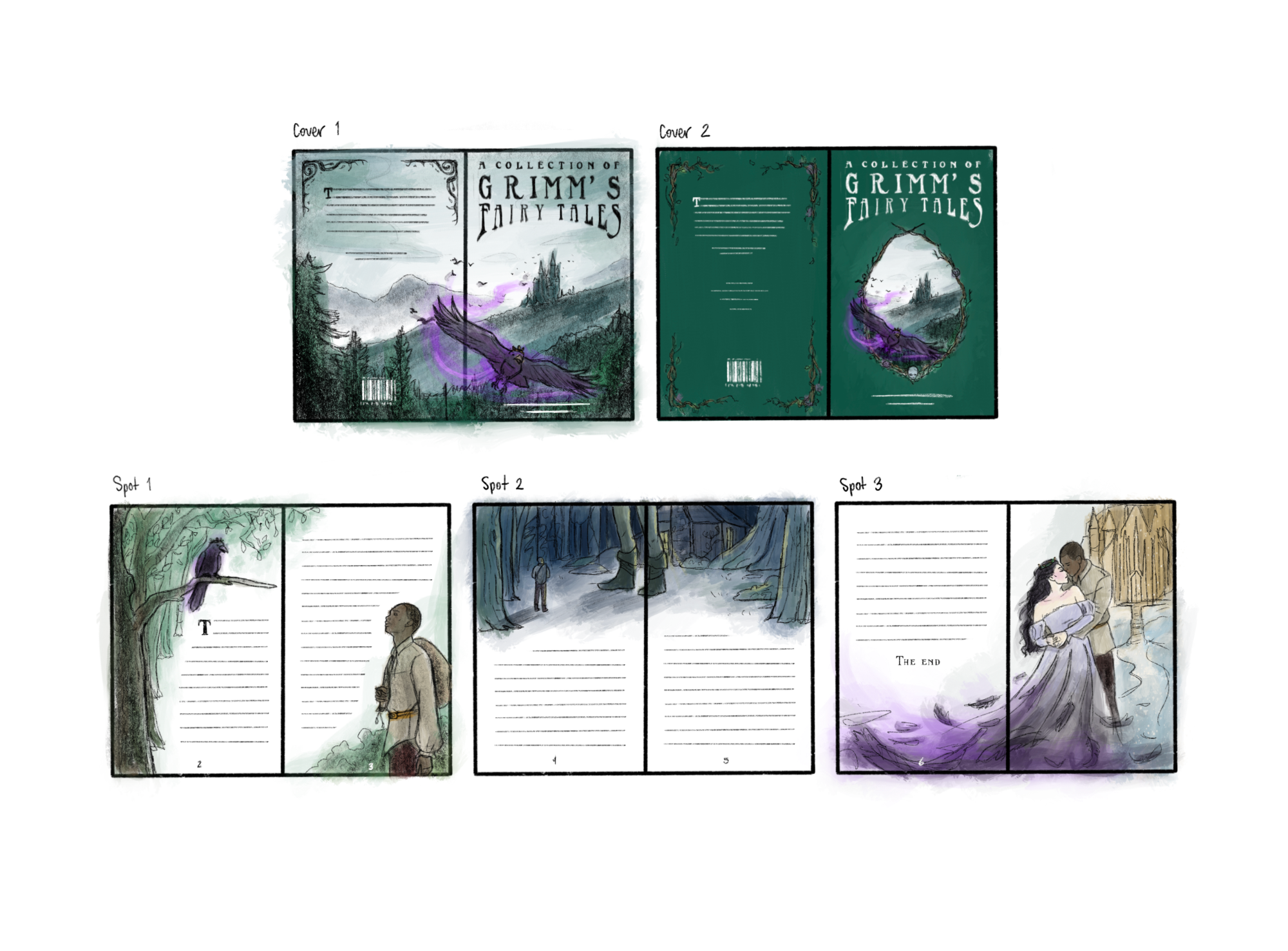 Sketches of the anthology cover and spot illustrations