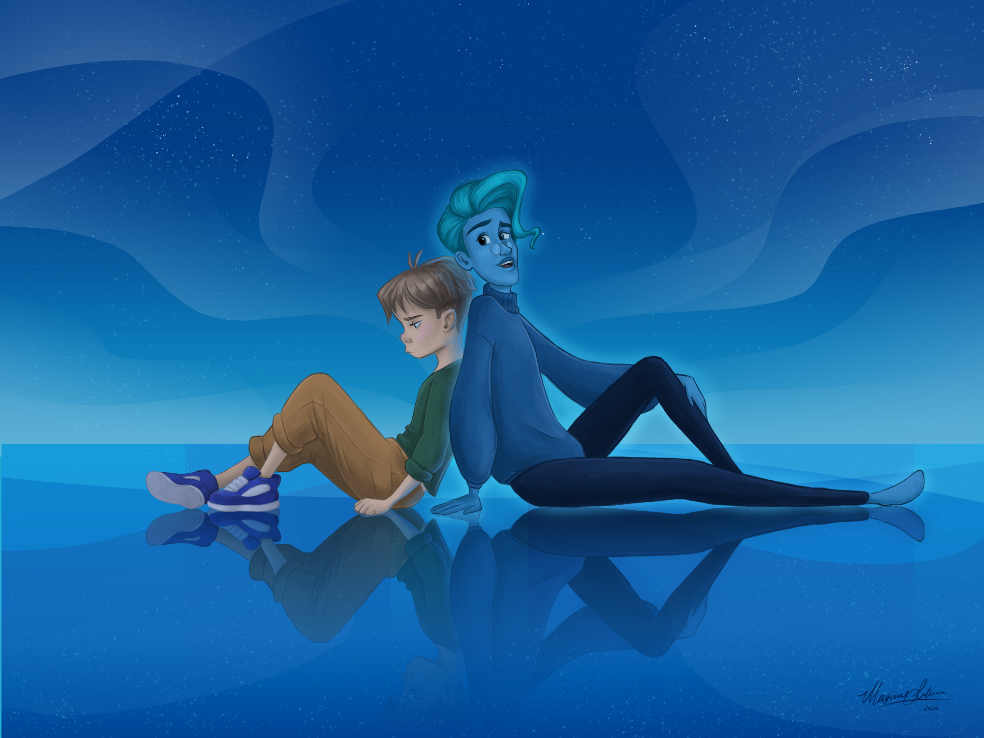 Digital illustration of a tall blue figure consoling a young boy