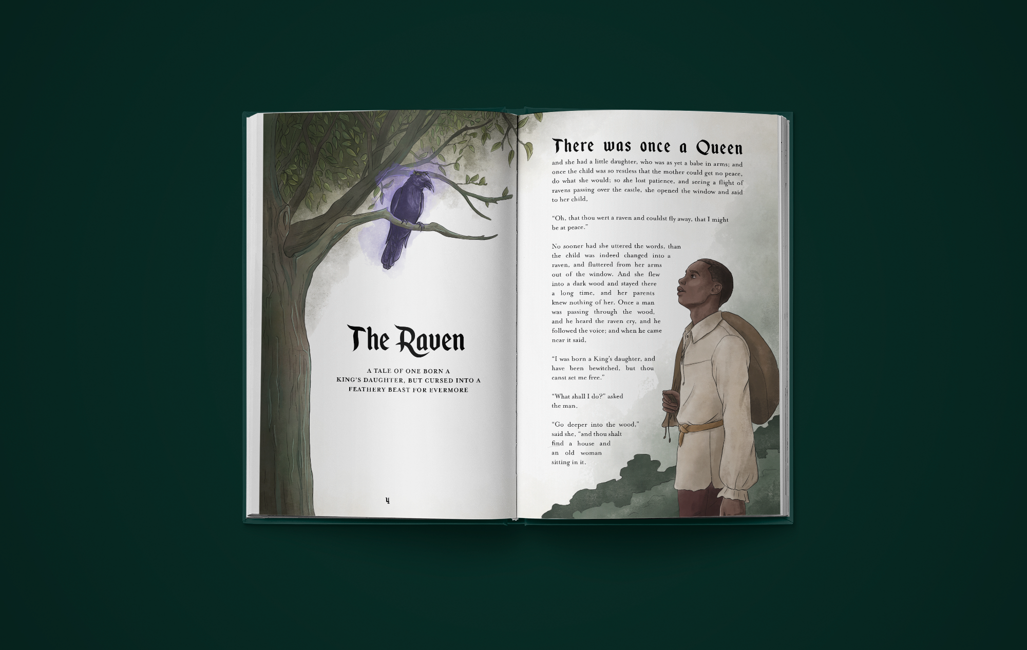 The Raven story opening spread with spot illustrations
