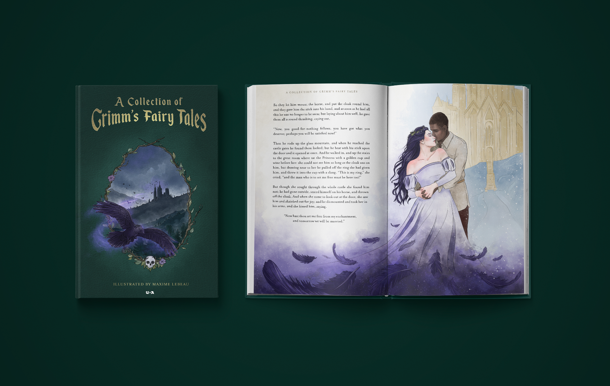 Fairy tale anthology cover and final spread of the story The Raven