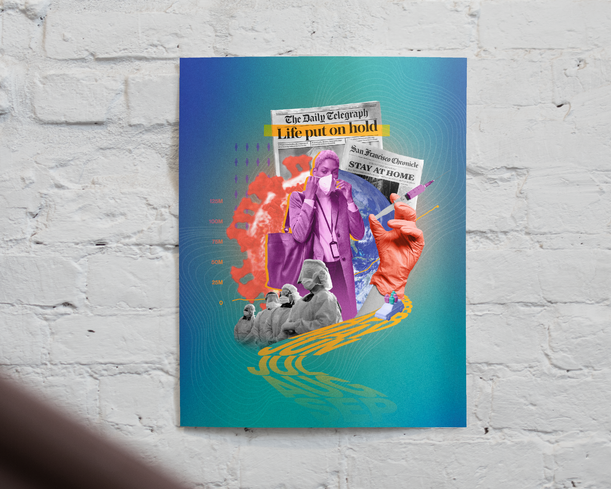 COVID collage poster hung up on a brick wall