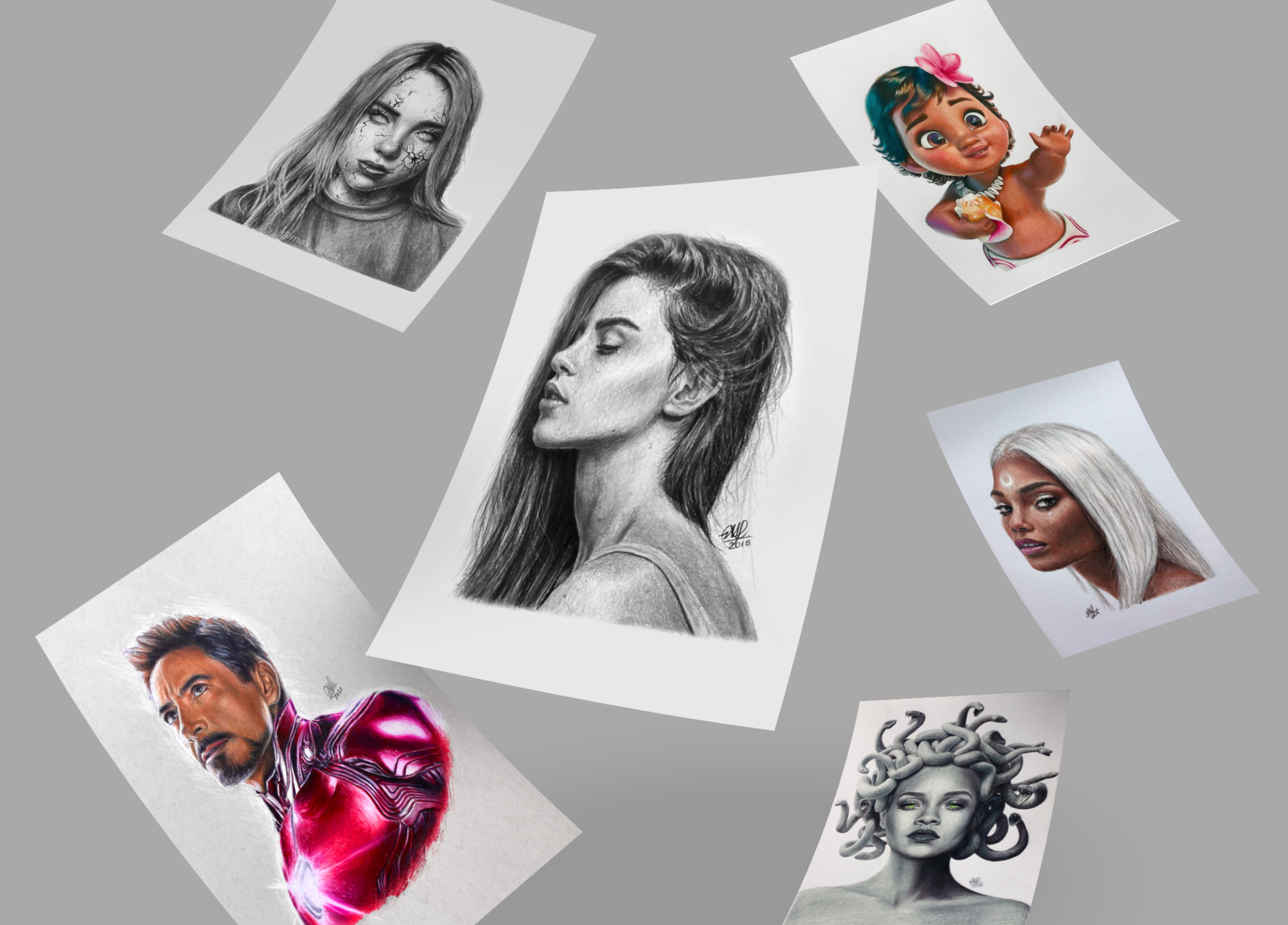 Six portrait drawings floating in the air with a grey background