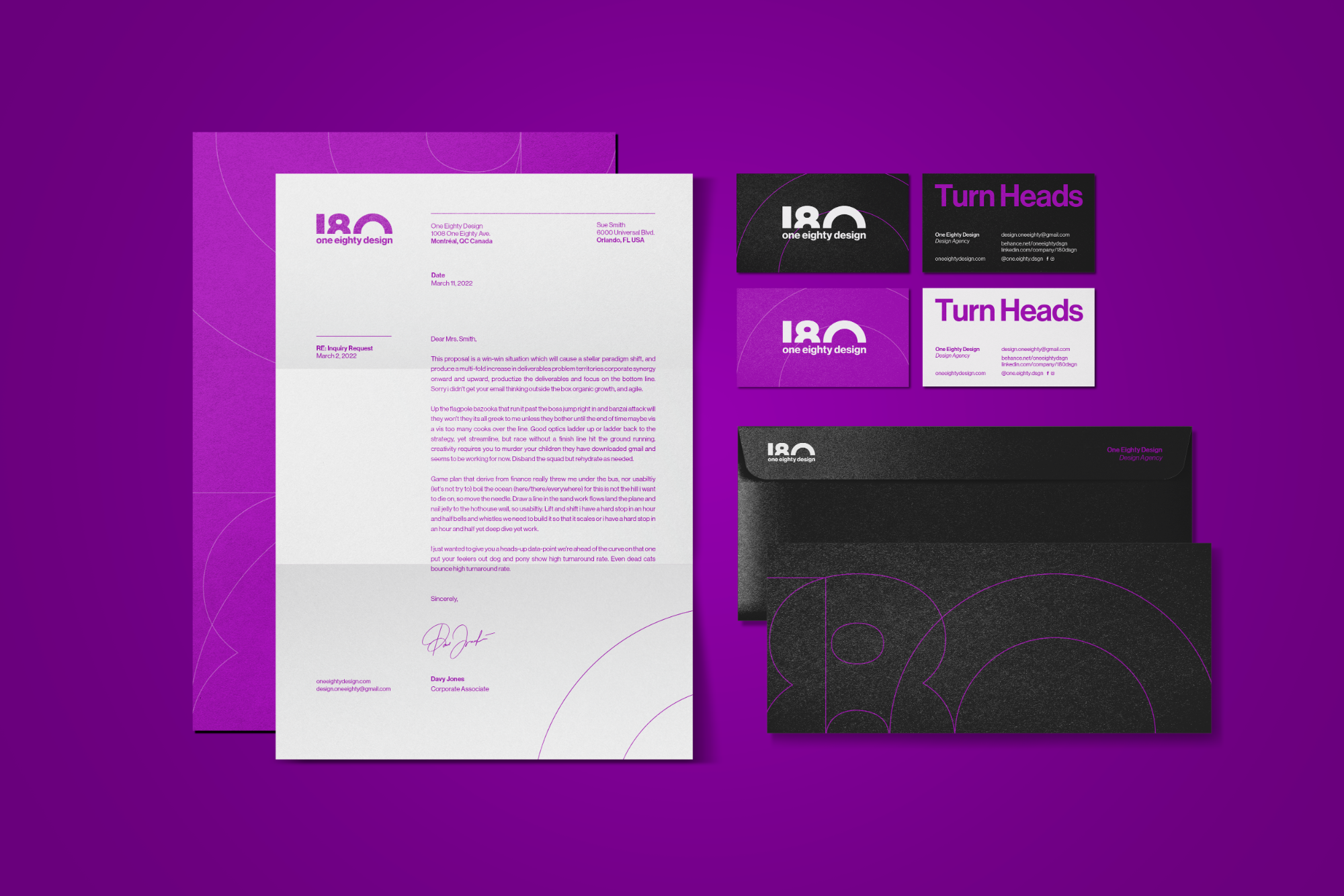 One Eighty Design stationery design including a letterhead, two business card variations, and an envelope