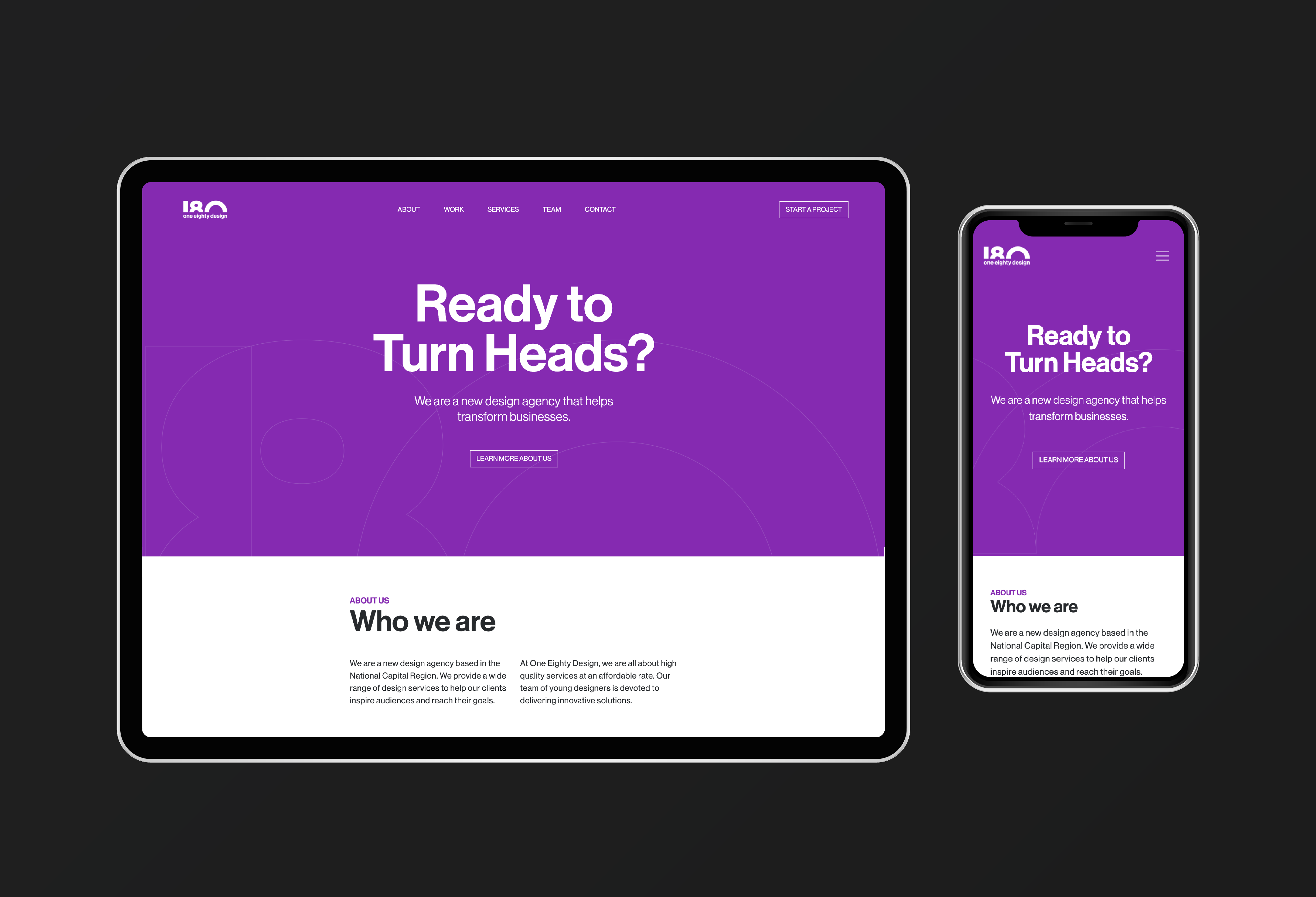 One Eighty Design website design shown on a tablet screen and a mobile phone screen