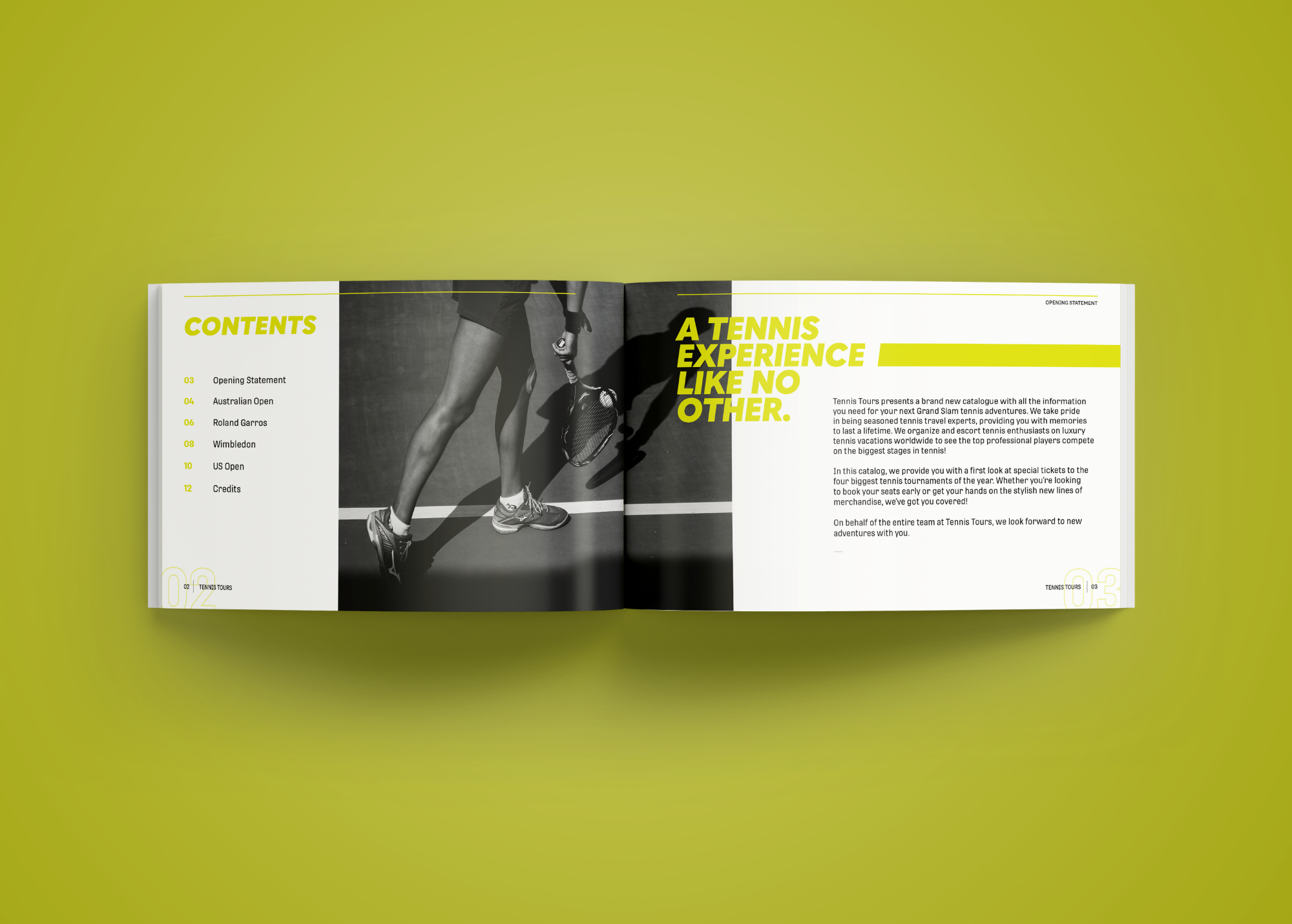 Tennis catalogue table of contents and opening statement spread